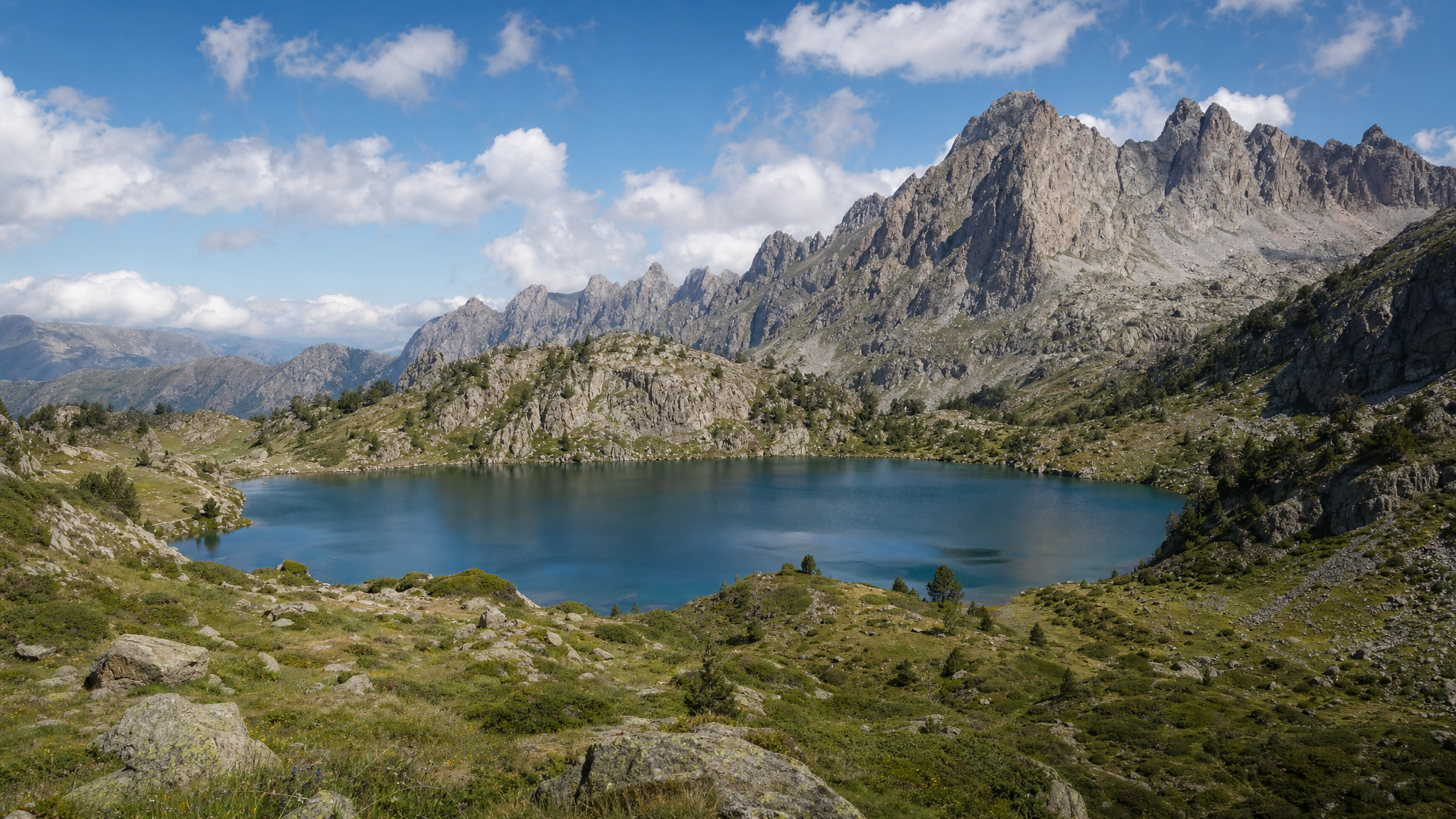 Lago alpino rodeado de montañas y vegetación natural.