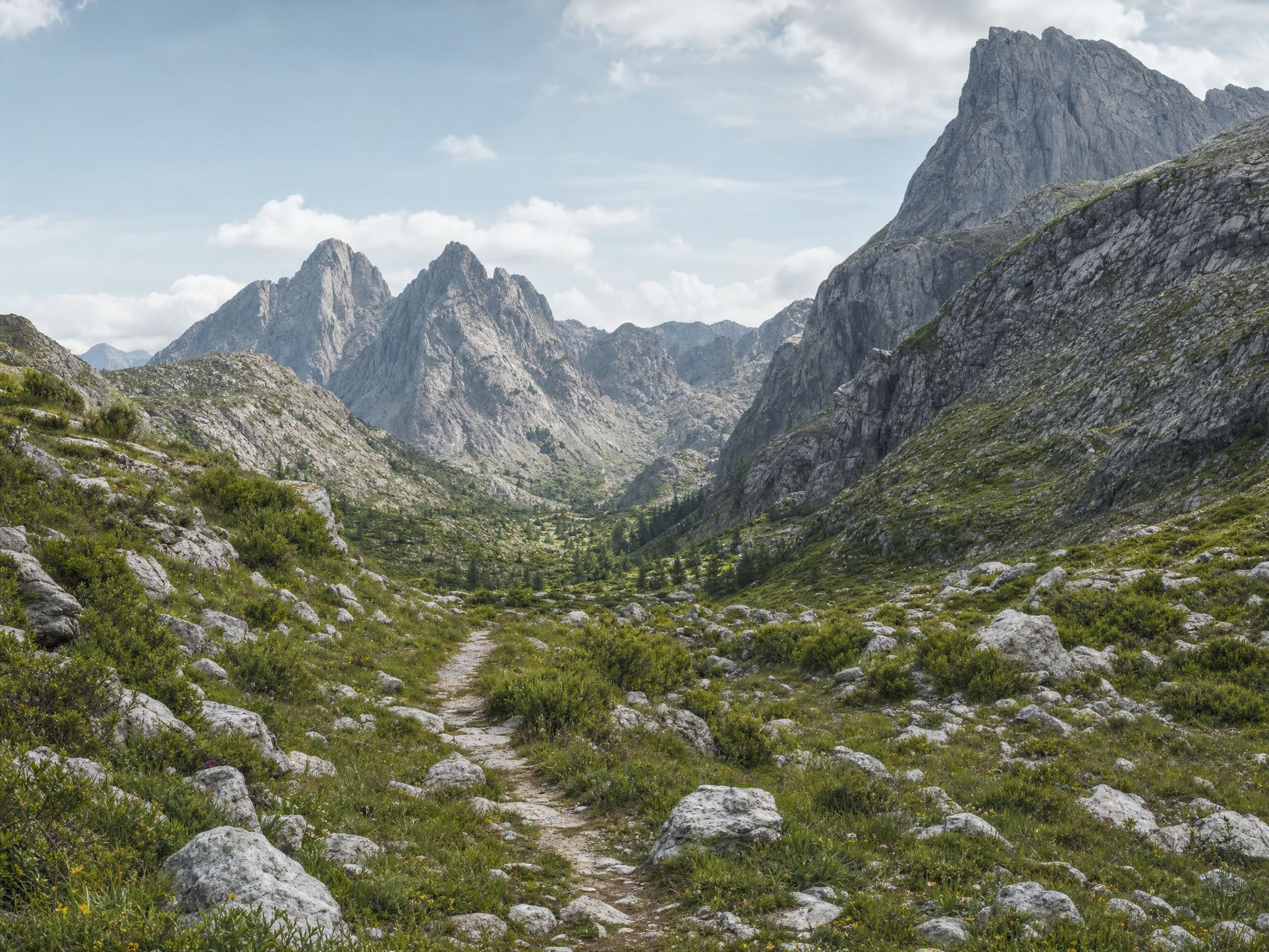 Cumbres de alta montaña y sendero entre prados alpinos.